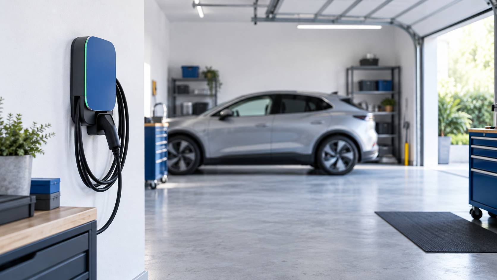 Borne de recharge murale avec cable enroule dans un garage