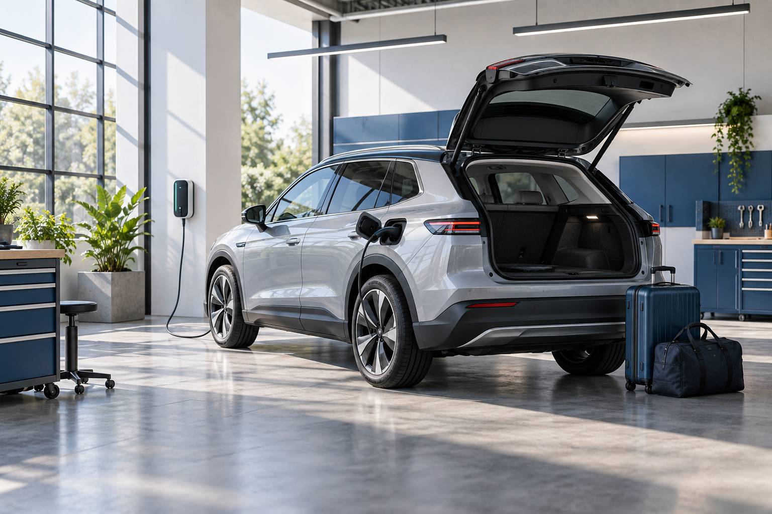 SUV generique sans sigle branche a une borne de recharge dans un atelier