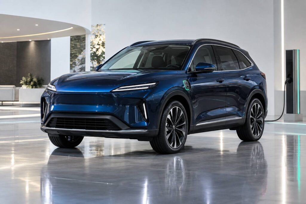 SUV hybride compact bleu nuit sans logo dans un showroom lumineux