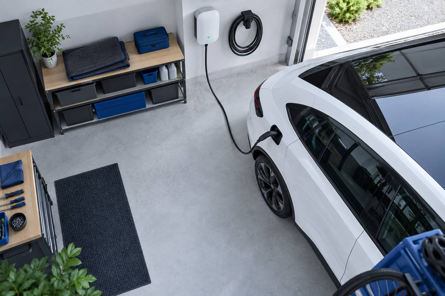 Borne de recharge murale et câble enroulé dans un garage clair