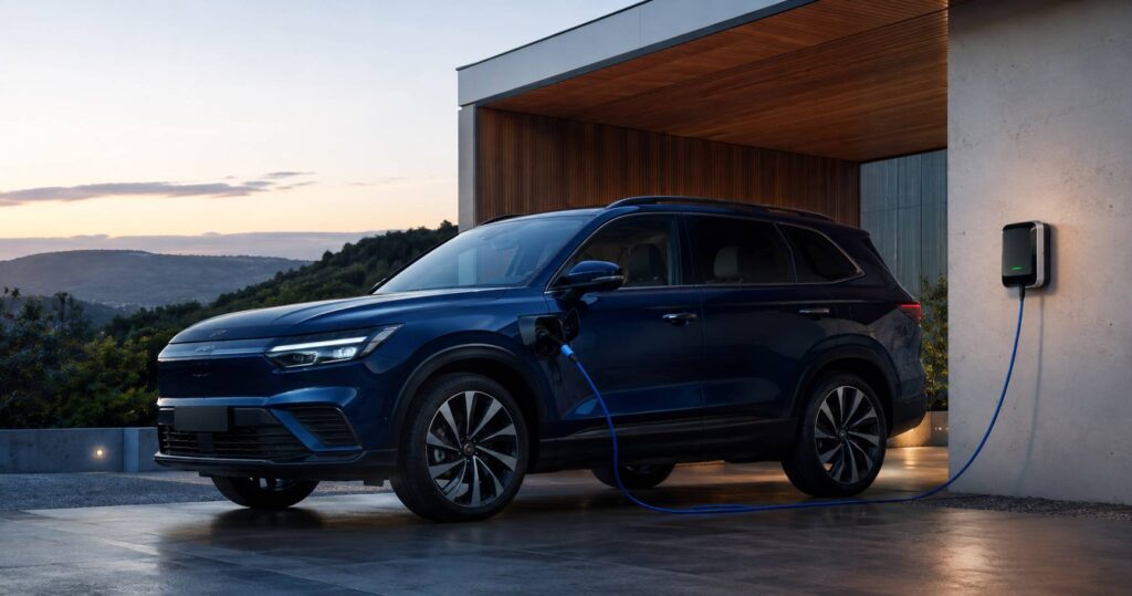 SUV hybride rechargeable générique branché devant une maison