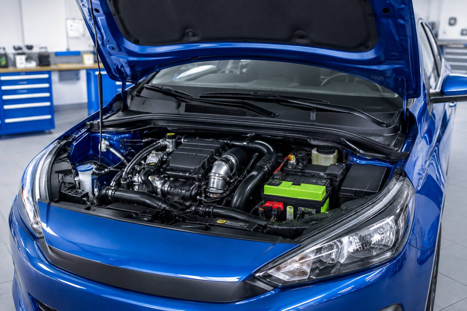 Compartiment moteur ouvert avec bloc turbo et batterie 48 V génériques sans logo