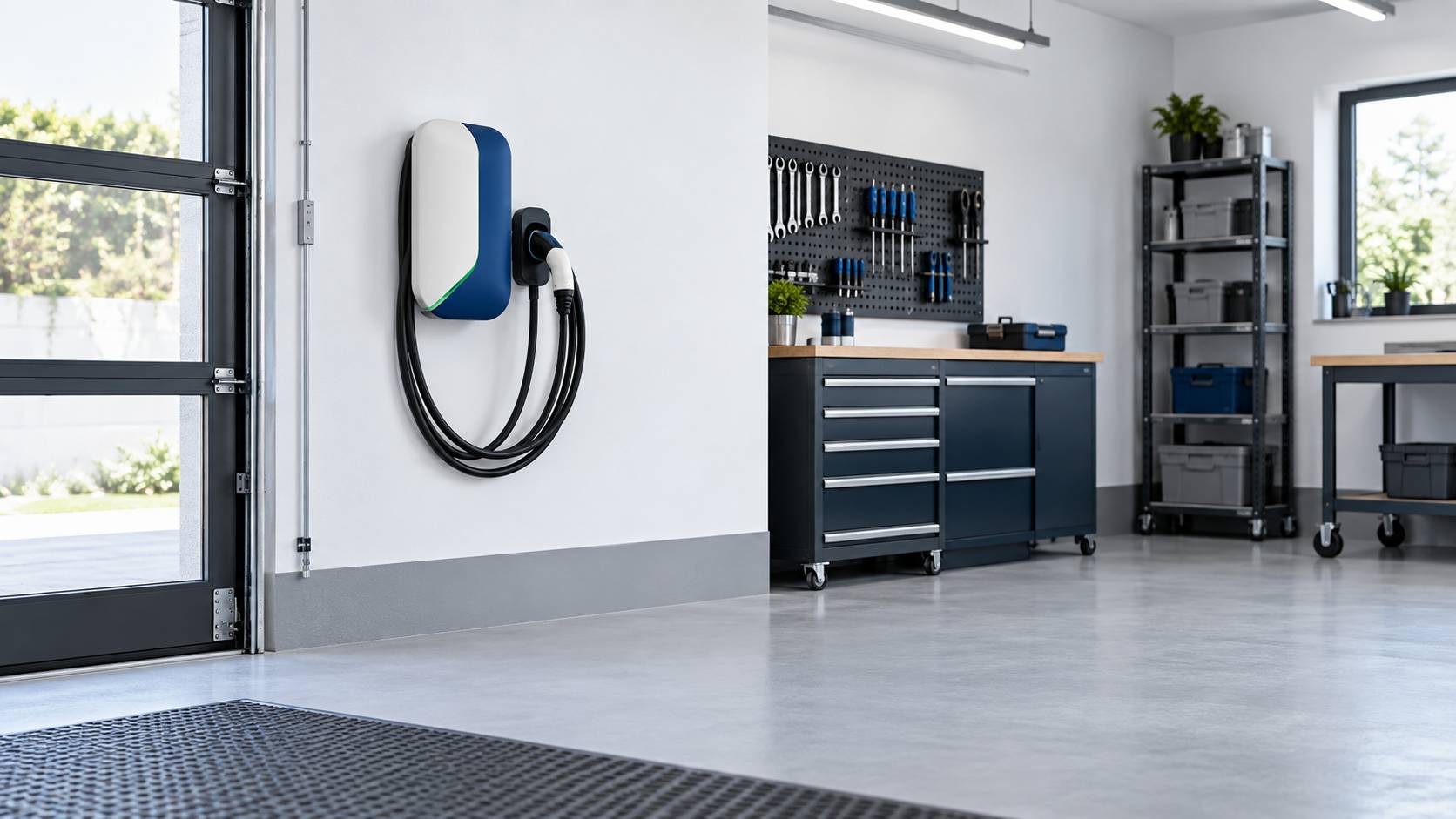 Borne de recharge murale générique avec câble enroulé et connecteur