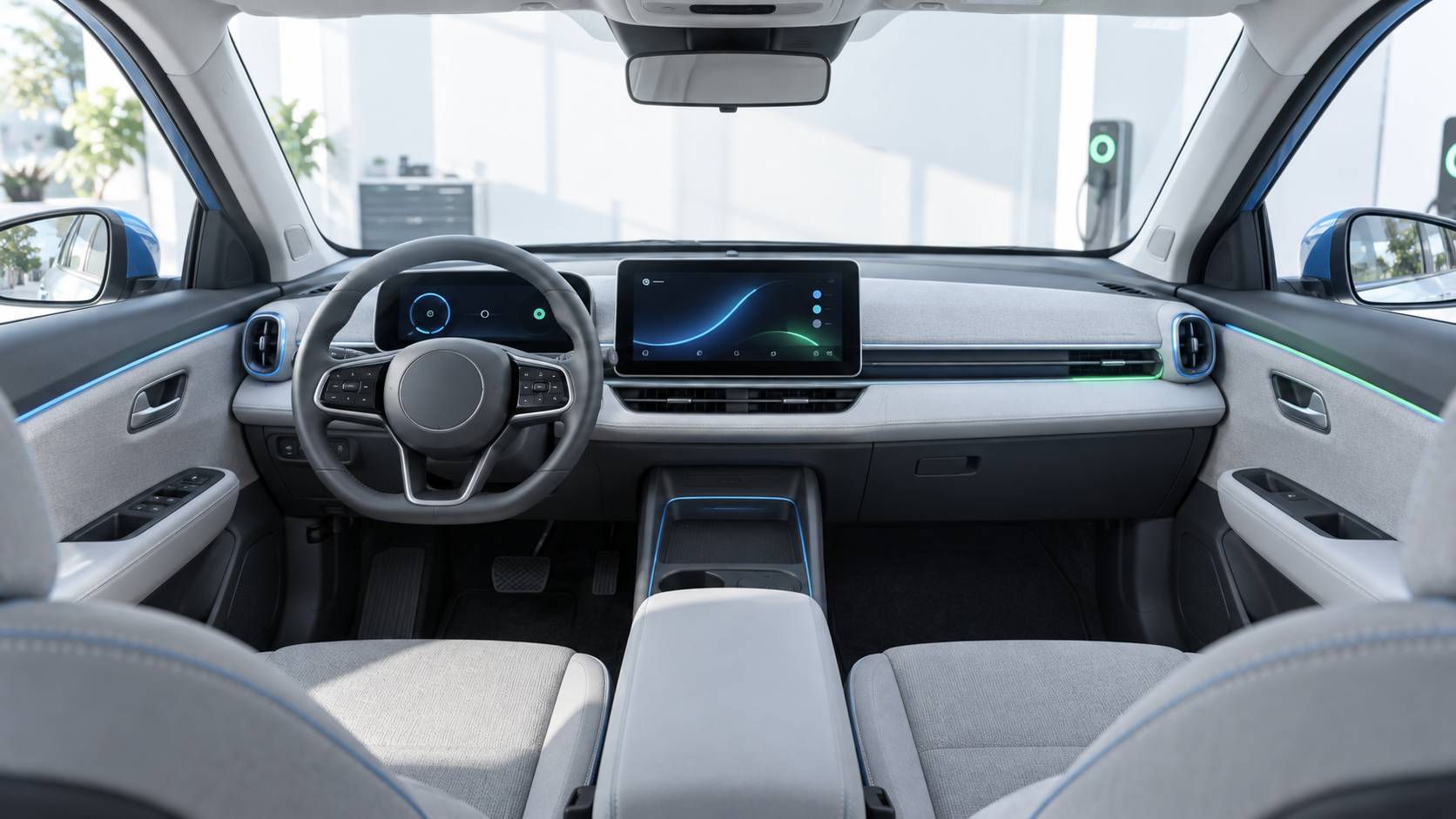 Petite citadine électrique anonyme en recharge sur une aire urbaine au matin