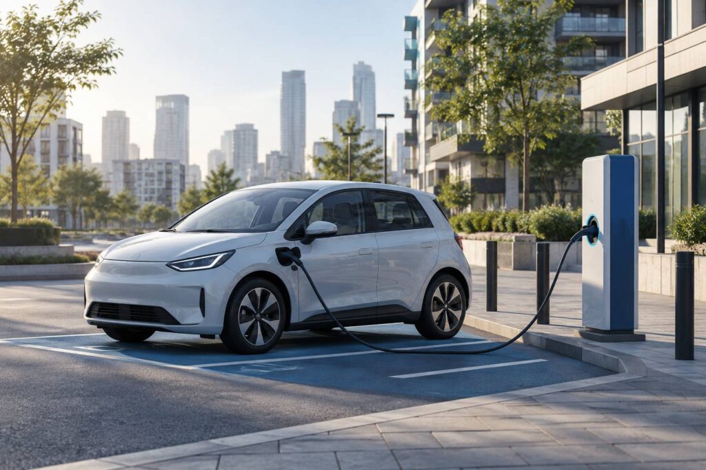 Petite citadine électrique anonyme en recharge sur une aire urbaine au matin