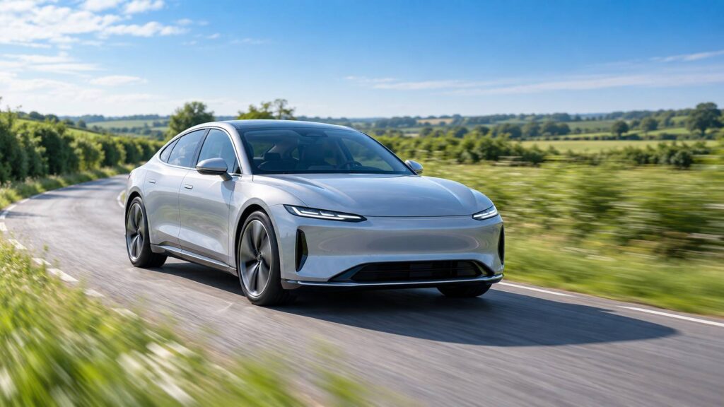Berline électrique grise sans badge sur une route de campagne