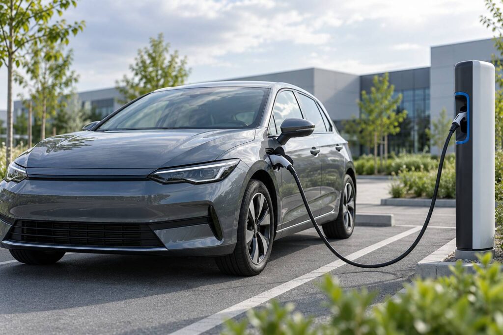 Berline compacte grise generique branchee a une borne de recharge sur un parking