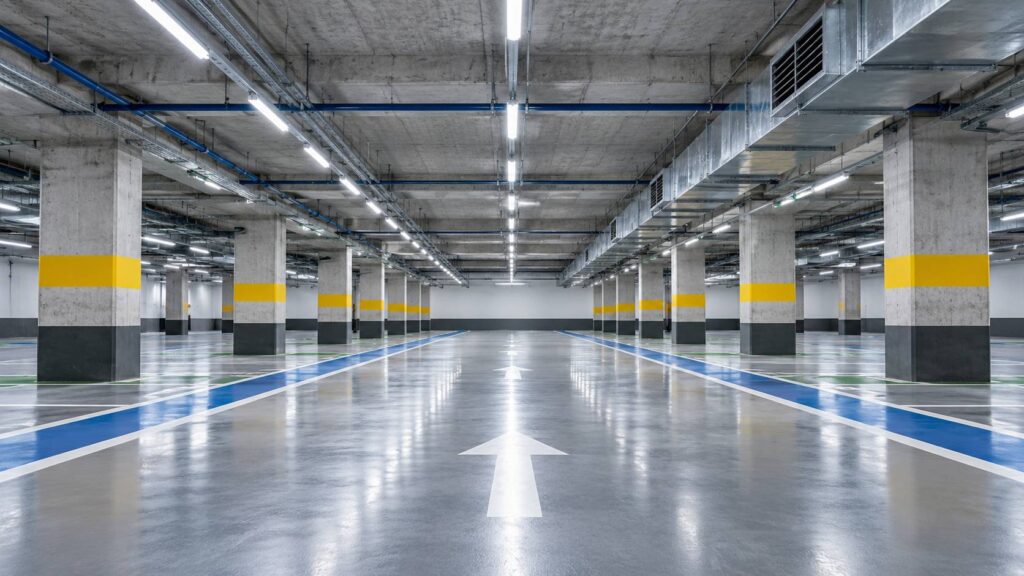 Parking souterrain vide avec piliers de béton et marquages au sol en perspective