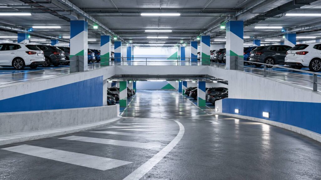 Parking souterrain à deux niveaux avec rampe en béton, marquages blancs et néons alignés